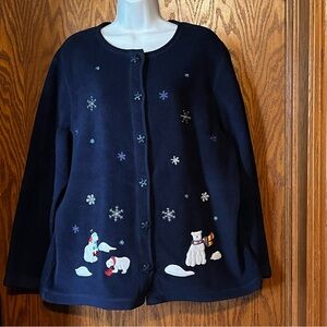 Women’s C&B Sport holiday/Christmas blue button sweatshirt/sweater w/snowmen-1x